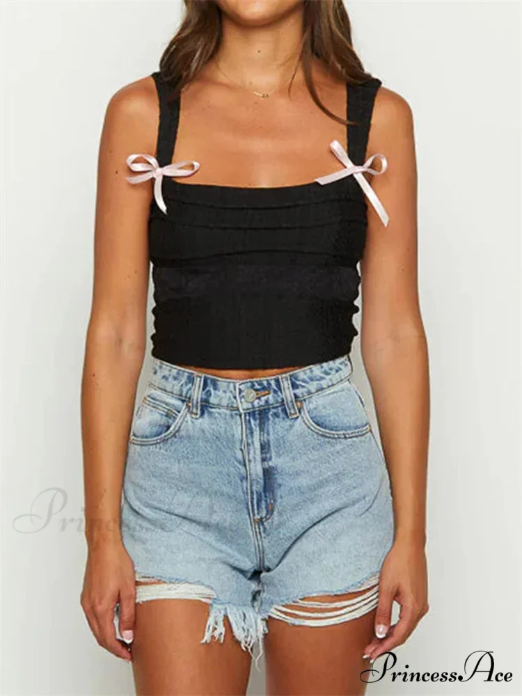 Sleeveless Quadrilateral Neck Bow Tie-up Crop Top - Image 2