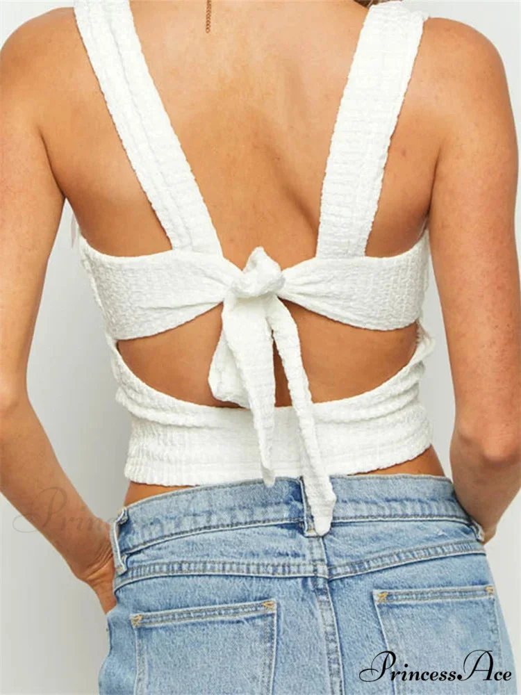 Sleeveless Quadrilateral Neck Bow Tie-up Crop Top - Image 6