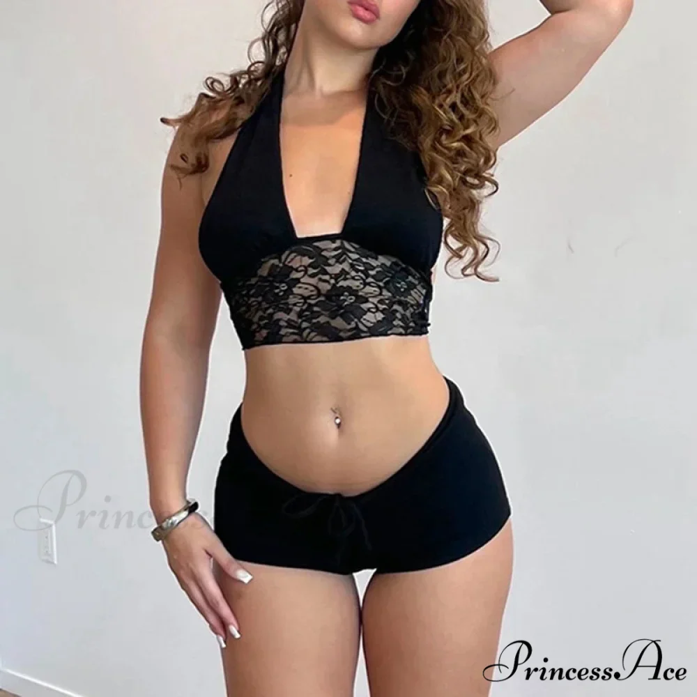 Sleeveless Tie-Up Camis Lace Patchwork Halter Crop Top Mini Shorts Two Pieces Set - Image 2
