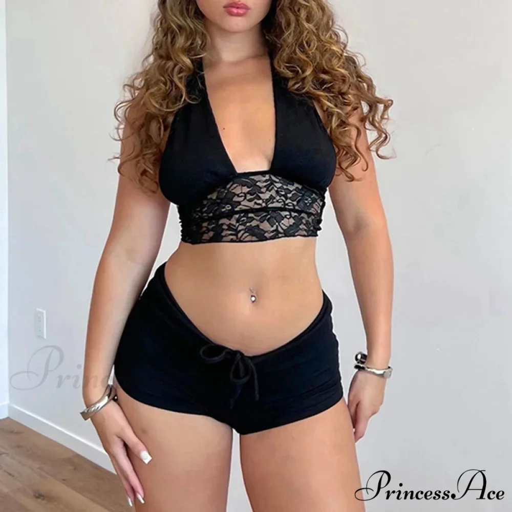 Sleeveless Tie-Up Camis Lace Patchwork Halter Crop Top Mini Shorts Two Pieces Set - Image 4
