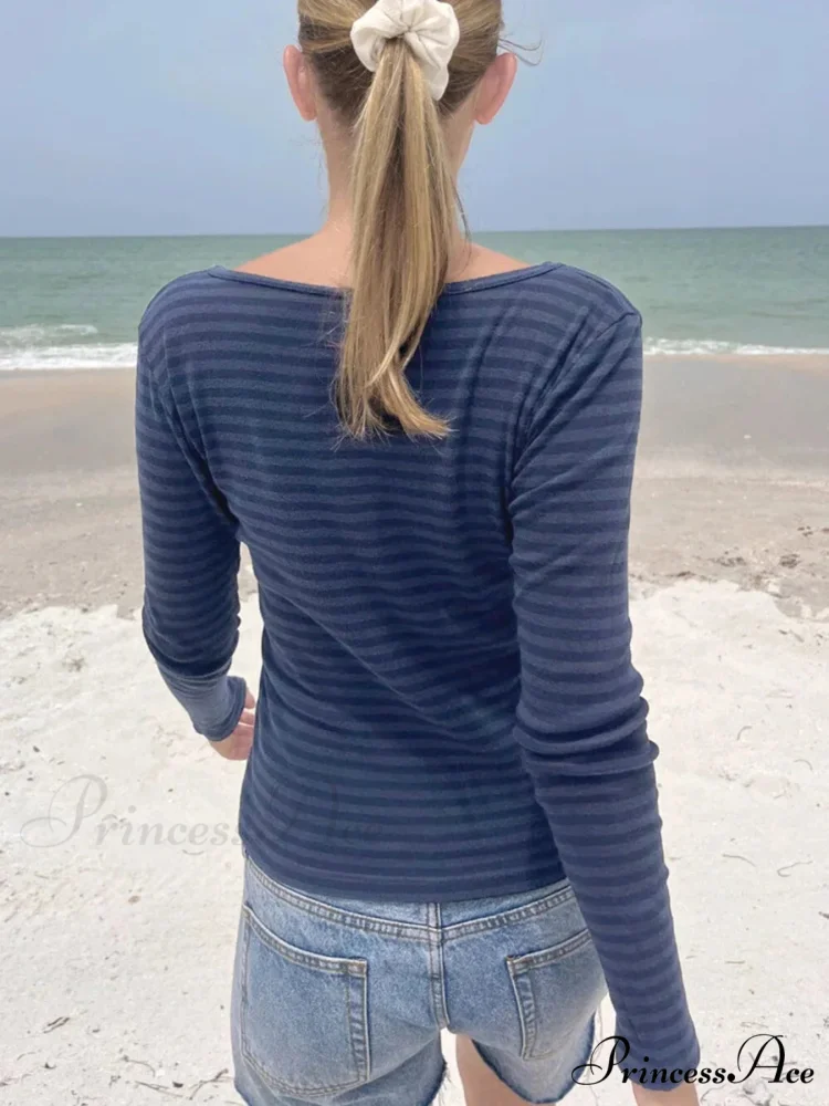 Slender Striped Fundamental O-Neck Extended Sleeve Knit Top - Image 3