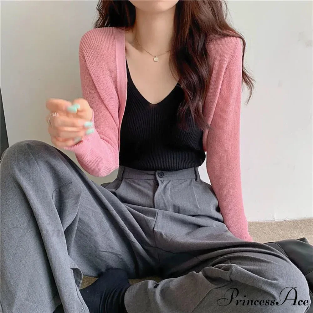 Slim Extended Sleeve Sunblock Cropped Solid Knit Cardigan - Image 2