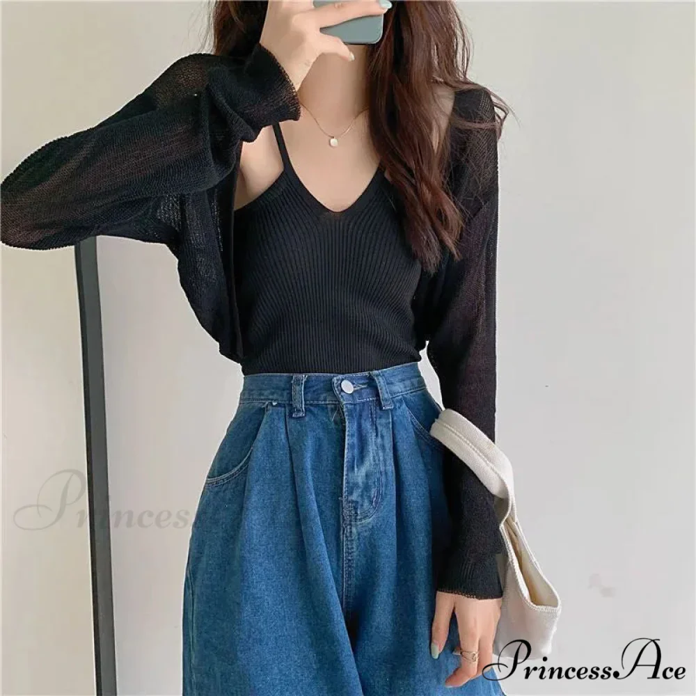 Slim Extended Sleeve Sunblock Cropped Solid Knit Cardigan - Image 3