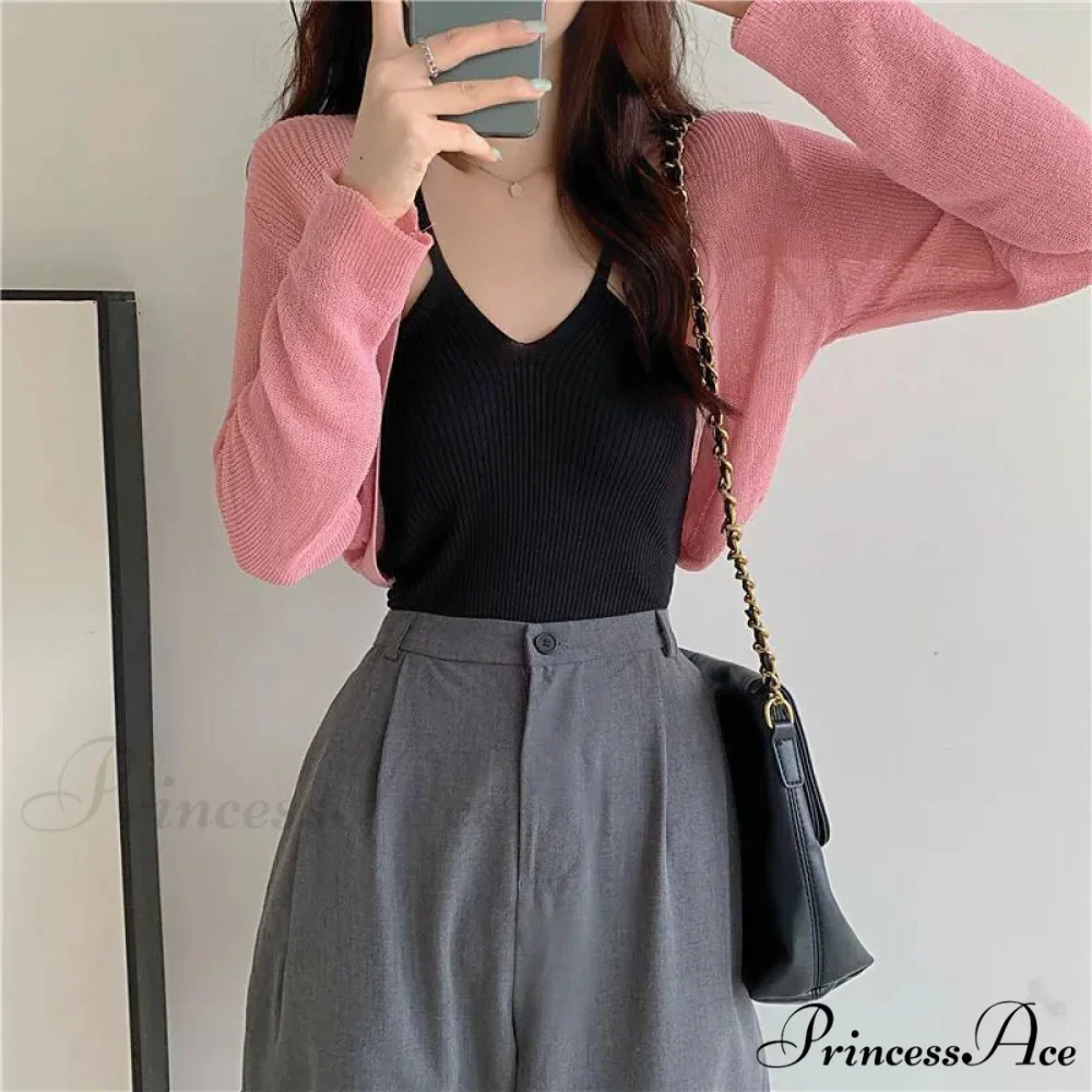 Slim Extended Sleeve Sunblock Cropped Solid Knit Cardigan - Image 4