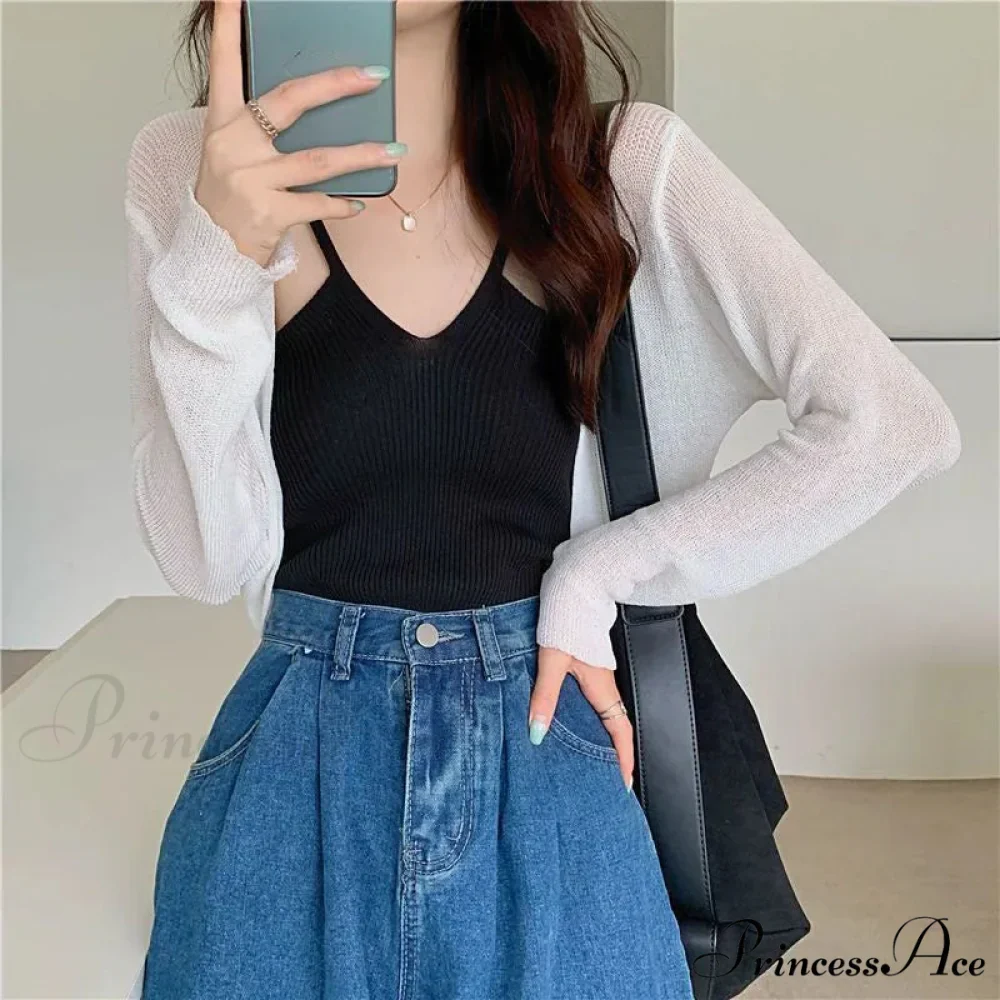 Slim Extended Sleeve Sunblock Cropped Solid Knit Cardigan - Image 6