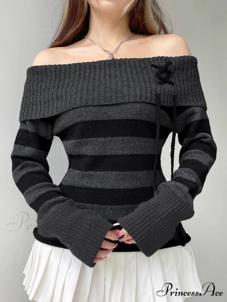 Slim Off-The-Shoulder Striped Pullover - Image 2