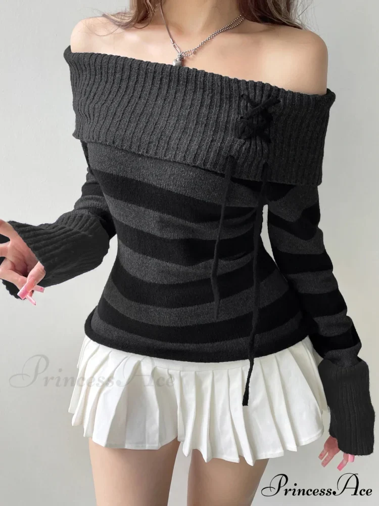 Slim Off-The-Shoulder Striped Pullover - Image 3