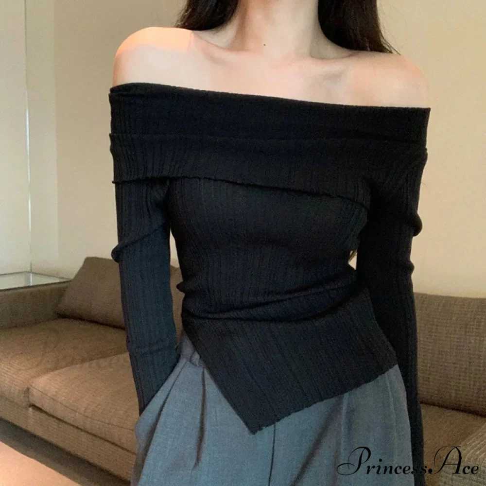 Slim Off-the-Shoulder Wide Neck Extended Sleeve Knit Top - Image 2