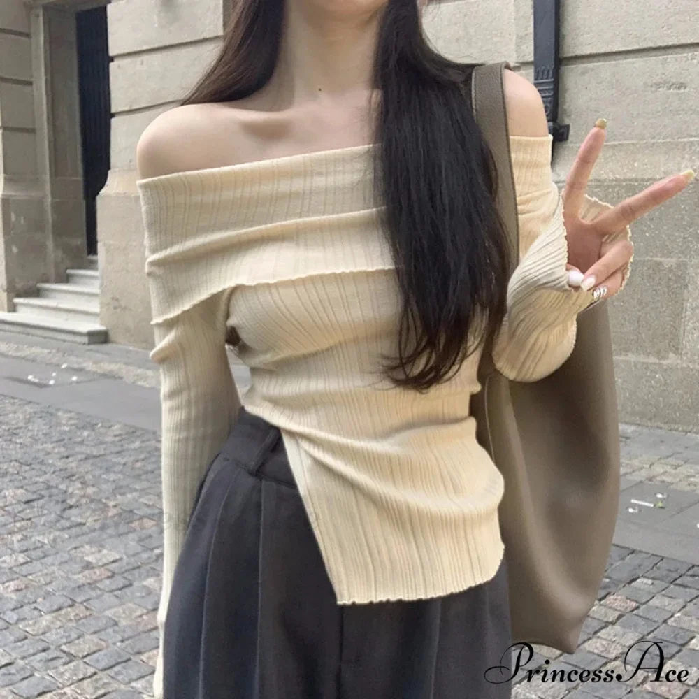 Slim Off-the-Shoulder Wide Neck Extended Sleeve Knit Top - Image 4