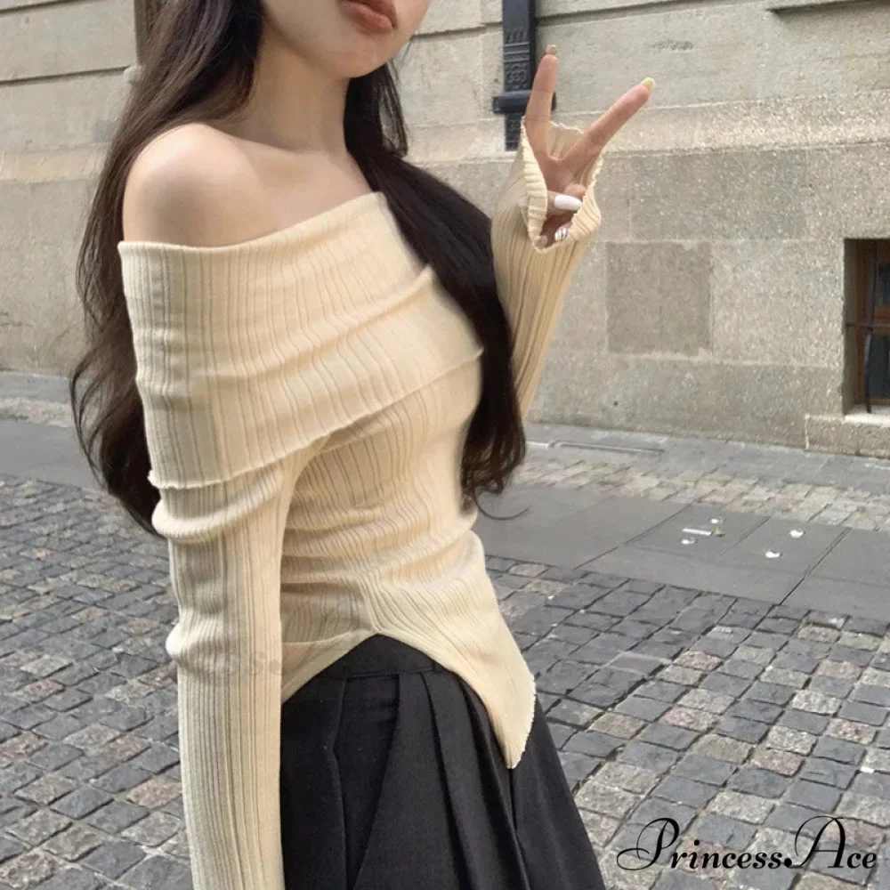 Slim Off-the-Shoulder Wide Neck Extended Sleeve Knit Top - Image 5