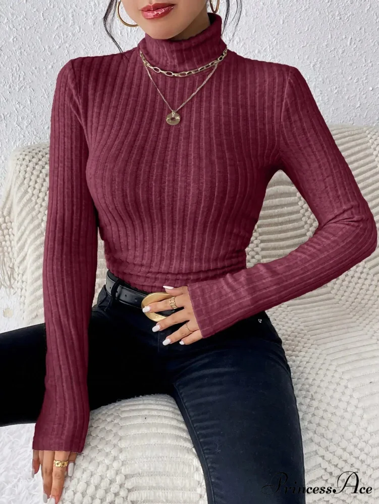Slim Turtleneck Jumper Fitted Long Sleeve Knit Blouse Women - Image 10