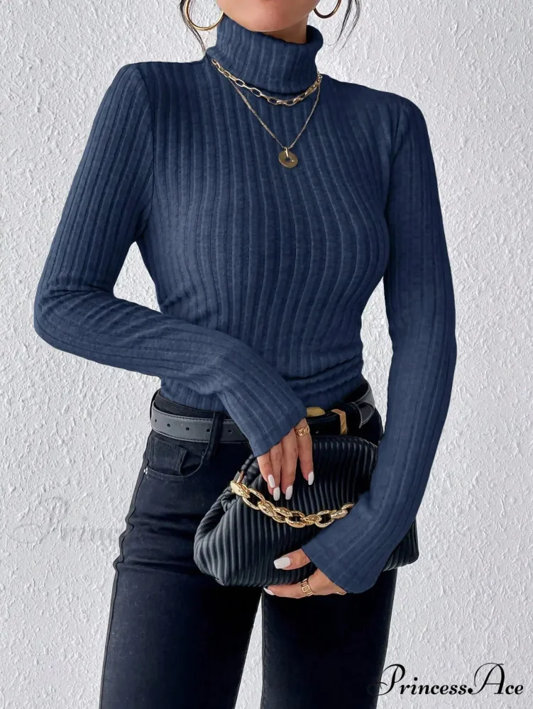 Slim Turtleneck Jumper Fitted Long Sleeve Knit Blouse Women - Image 12