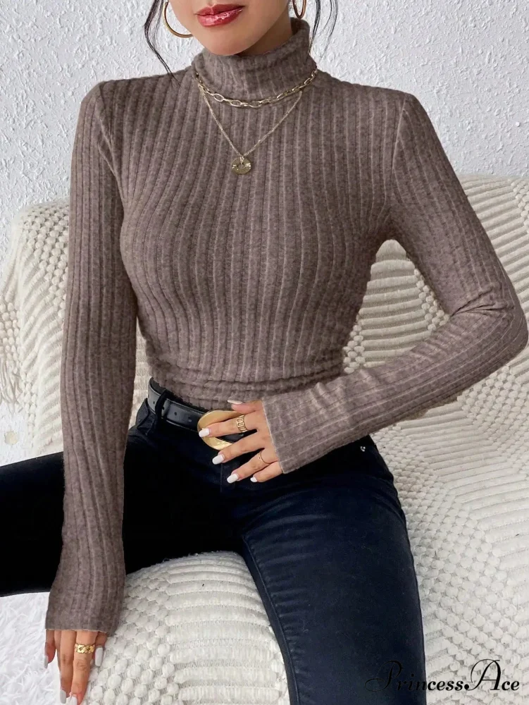 Slim Turtleneck Jumper Fitted Long Sleeve Knit Blouse Women - Image 14