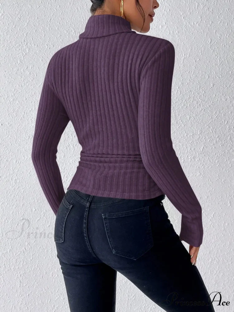 Slim Turtleneck Jumper Fitted Long Sleeve Knit Blouse Women - Image 2