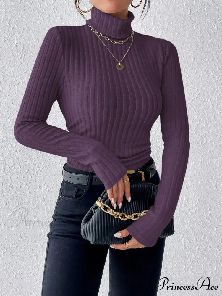 Slim Turtleneck Jumper Fitted Long Sleeve Knit Blouse Women - Image 3