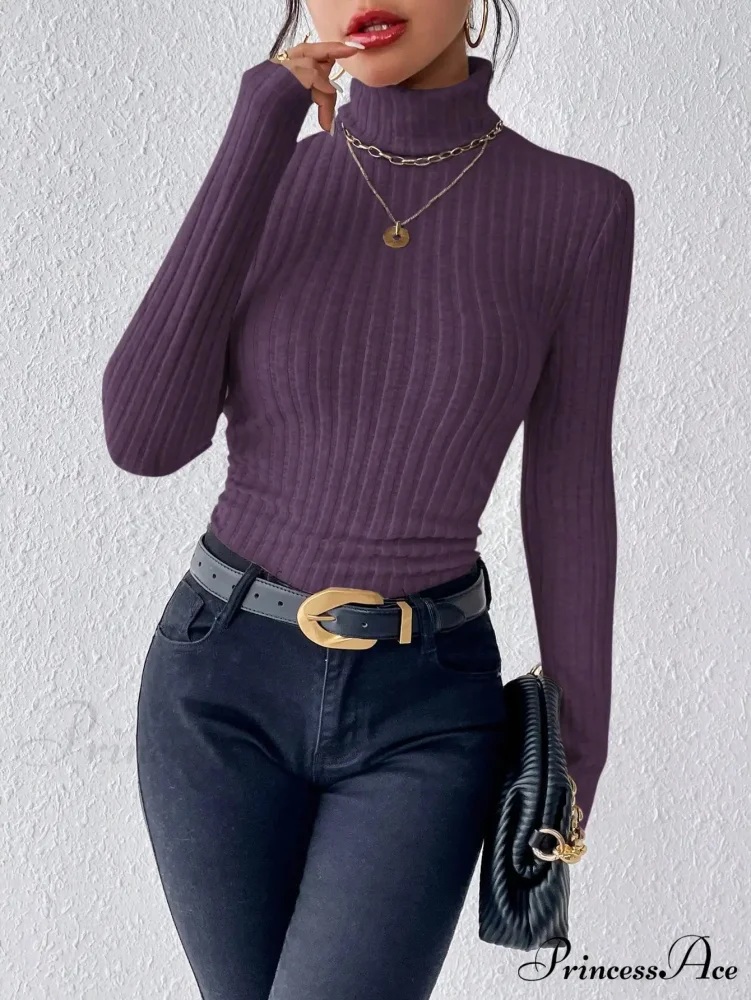 Slim Turtleneck Jumper Fitted Long Sleeve Knit Blouse Women - Image 4