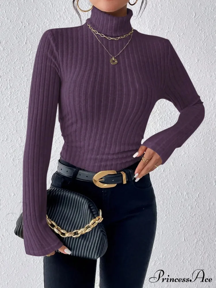 Slim Turtleneck Jumper Fitted Long Sleeve Knit Blouse Women - Image 5