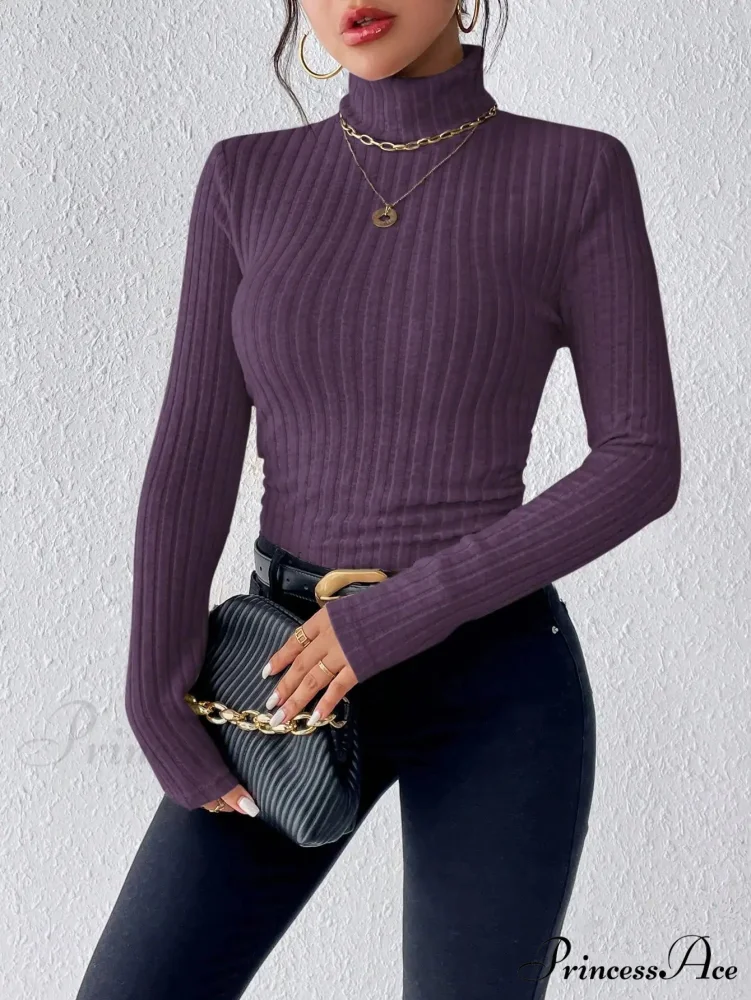 Slim Turtleneck Jumper Fitted Long Sleeve Knit Blouse Women - Image 6