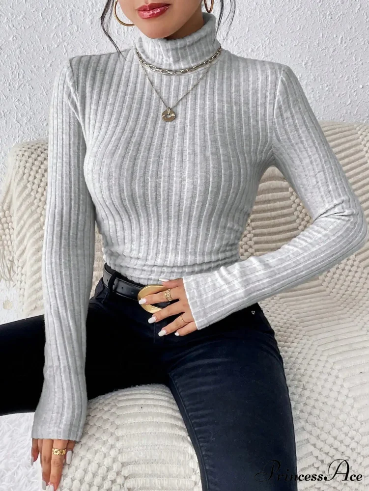 Slim Turtleneck Jumper Fitted Long Sleeve Knit Blouse Women - Image 8