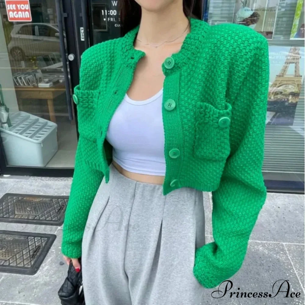 Small Cropped Solid O-Neck Knit Cardigan - Image 2