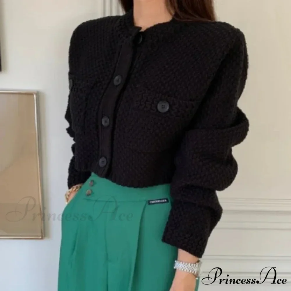 Small Cropped Solid O-Neck Knit Cardigan - Image 3