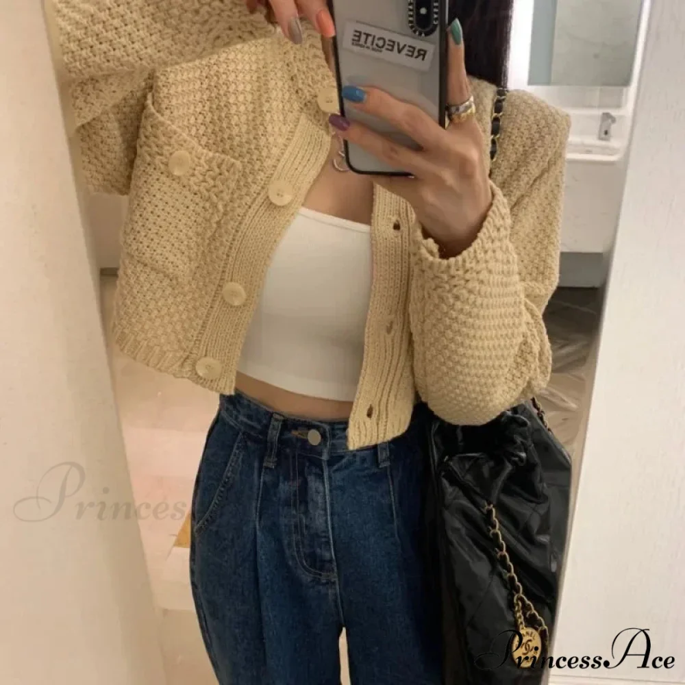 Small Cropped Solid O-Neck Knit Cardigan - Image 4