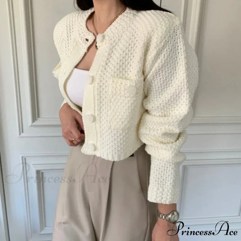 Small Cropped Solid O-Neck Knit Cardigan - Image 5