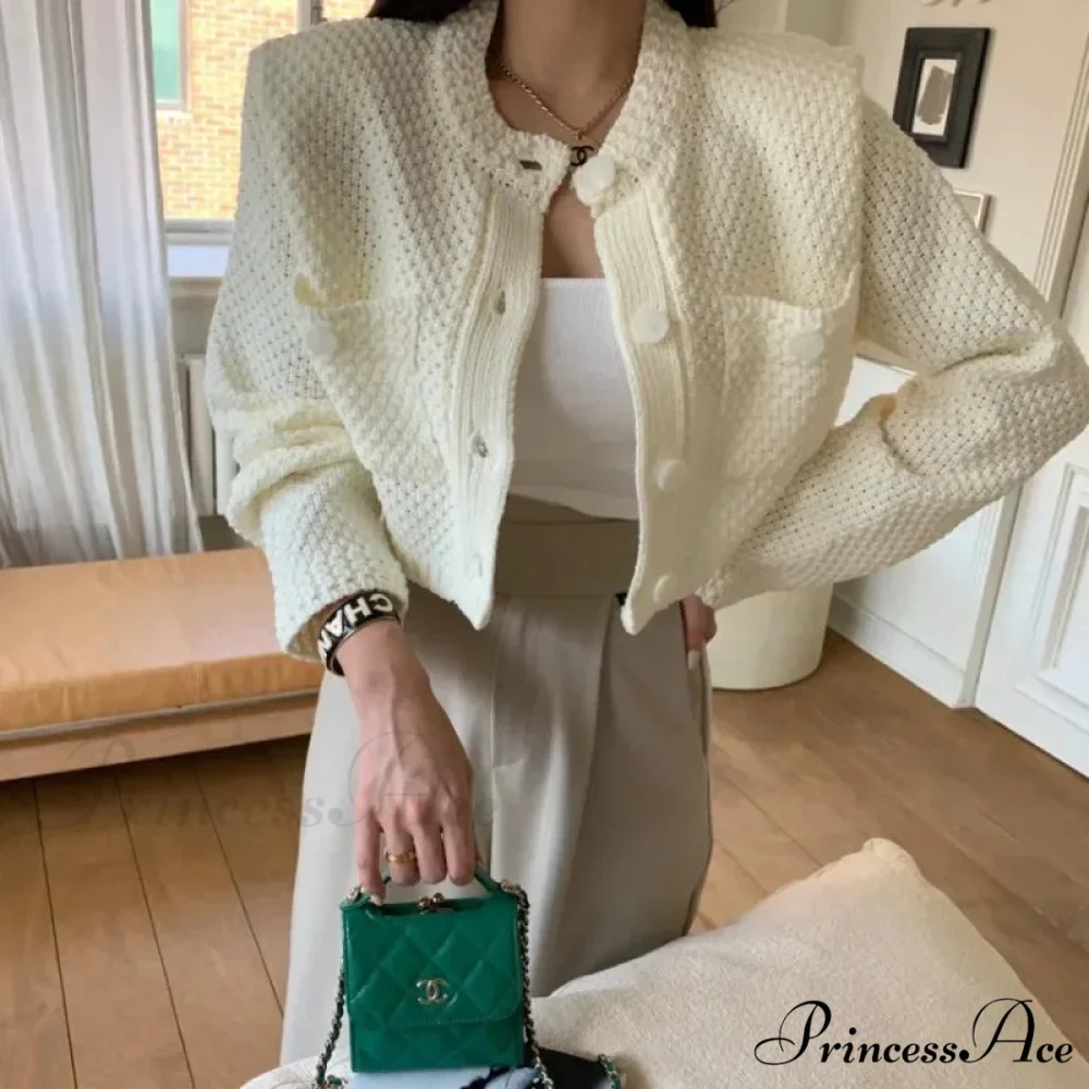 Small Cropped Solid O-Neck Knit Cardigan - Image 6