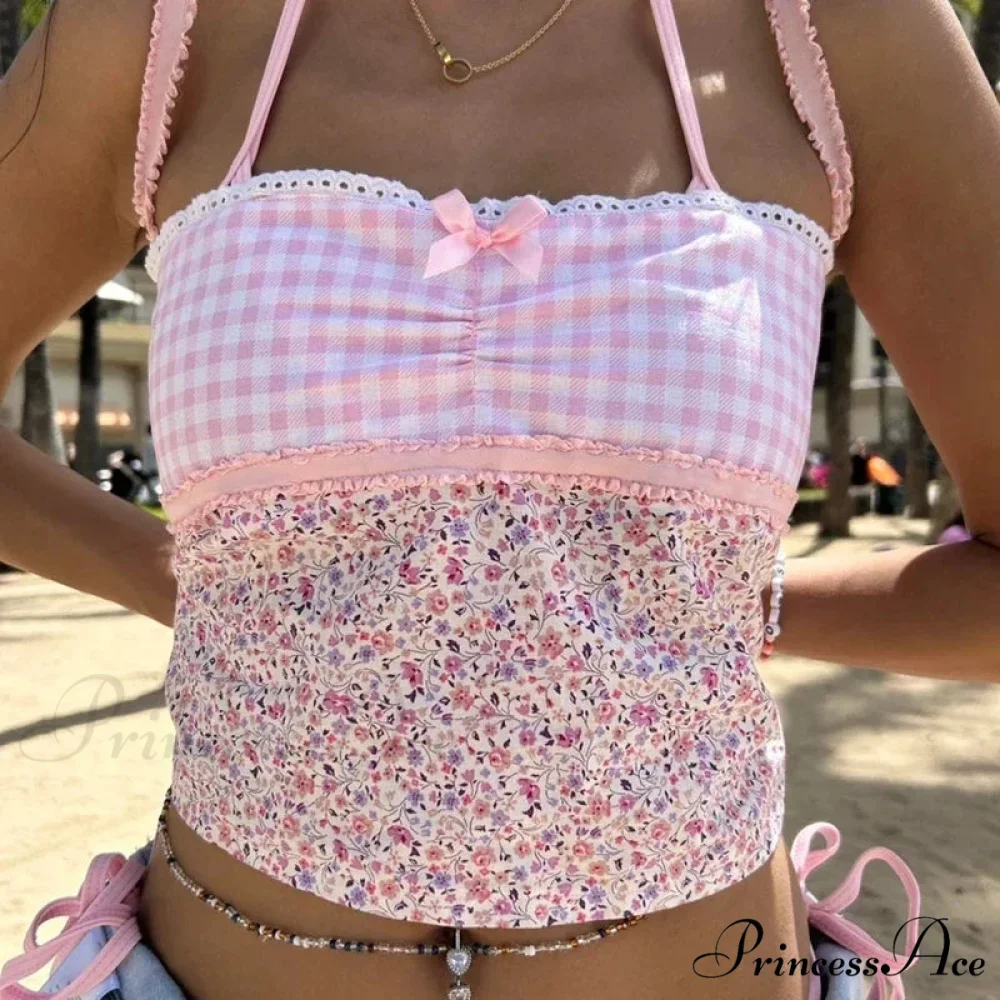 Small Flower Checkered Patchwork 2000s Lace Trim Open Back Tie Up Vintage Waistcoat Crop Top - Image 5