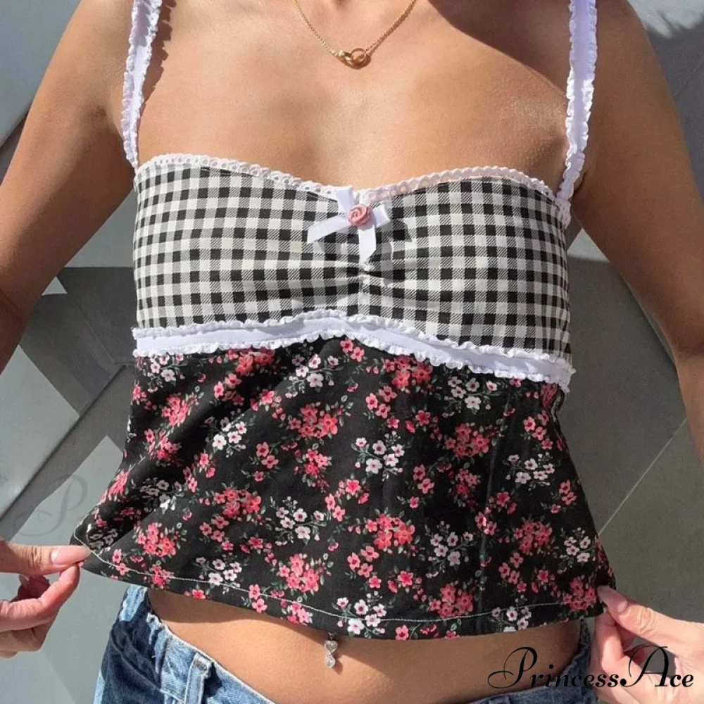Small Flower Checkered Patchwork 2000s Lace Trim Open Back Tie Up Vintage Waistcoat Crop Top - Image 6