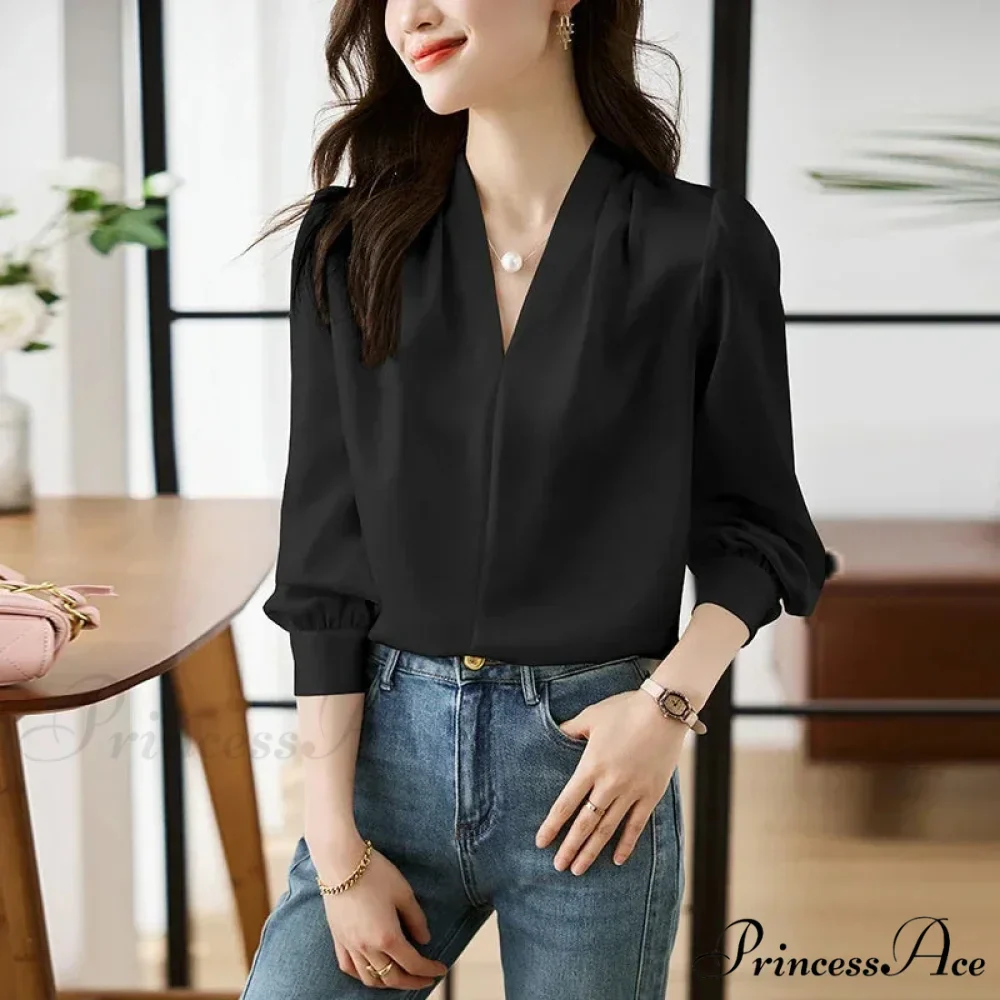 Smooth Chiffon V-neck Gentle Casual Blouse for Office - Image 3