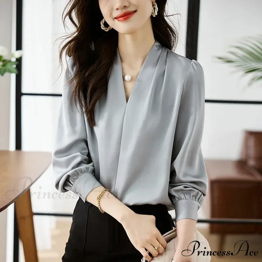 Smooth Chiffon V-neck Gentle Casual Blouse for Office - Image 5