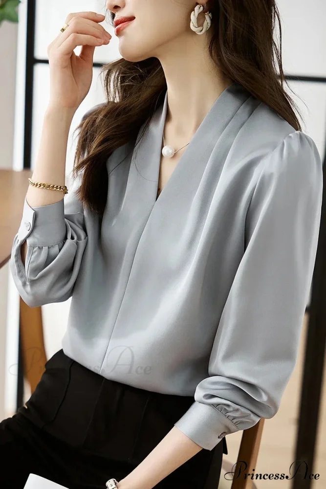 Smooth Chiffon V-neck Gentle Casual Blouse for Office - Image 7