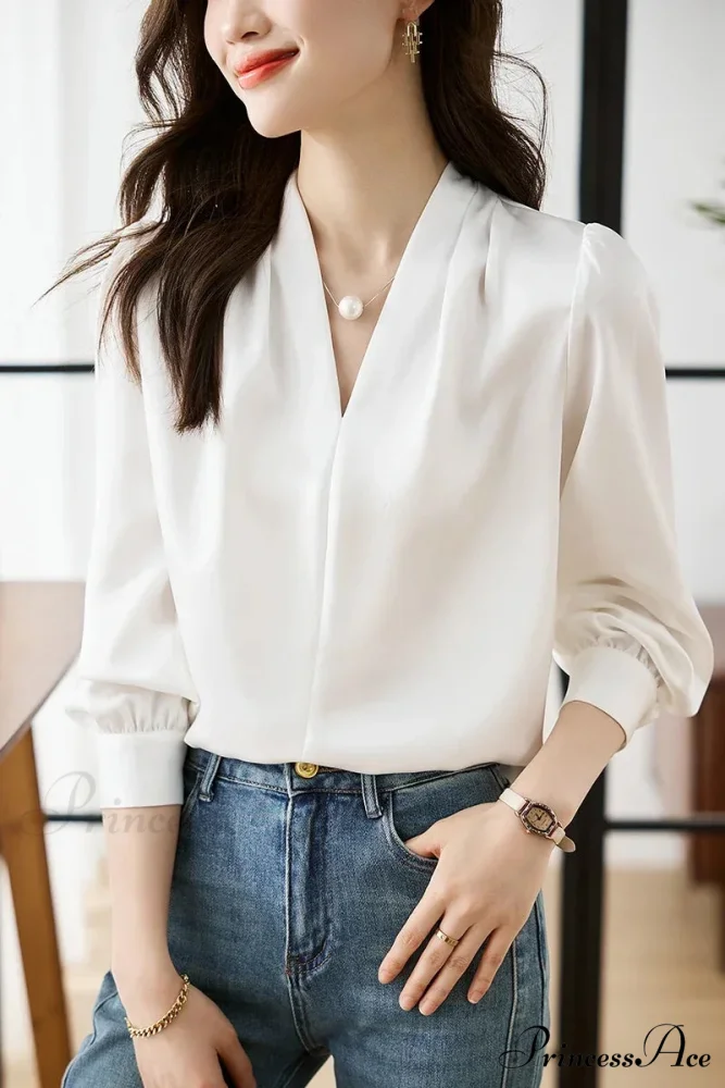 Smooth Chiffon V-neck Gentle Casual Blouse for Office - Image 8