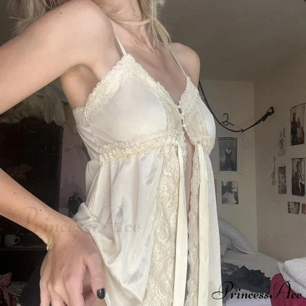 Smooth Lace Patchwork Fairycore Front Tie-Up Button Coquette Sleeveless Crop Top - Image 2