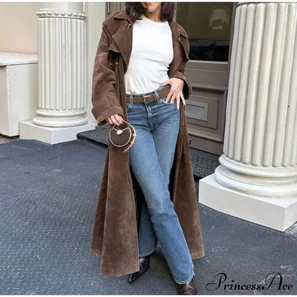 Smooth Leather Brown Belted Overcoat - Image 2