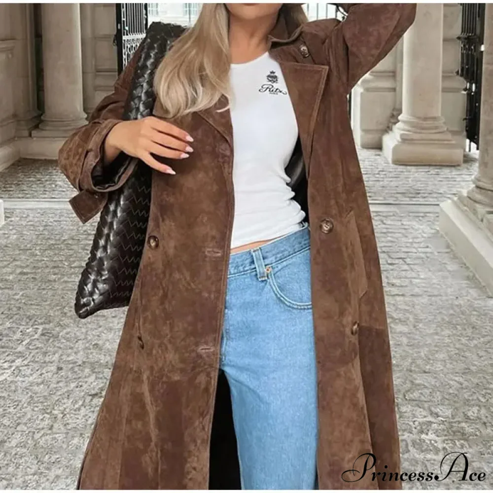 Smooth Leather Brown Belted Overcoat - Image 4