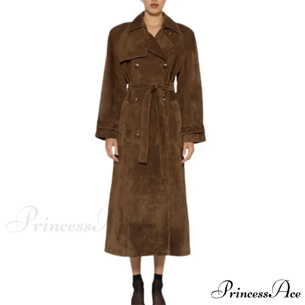 Smooth Leather Brown Belted Overcoat - Image 5