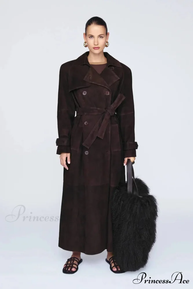 Smooth Leather Brown Belted Overcoat - Image 6