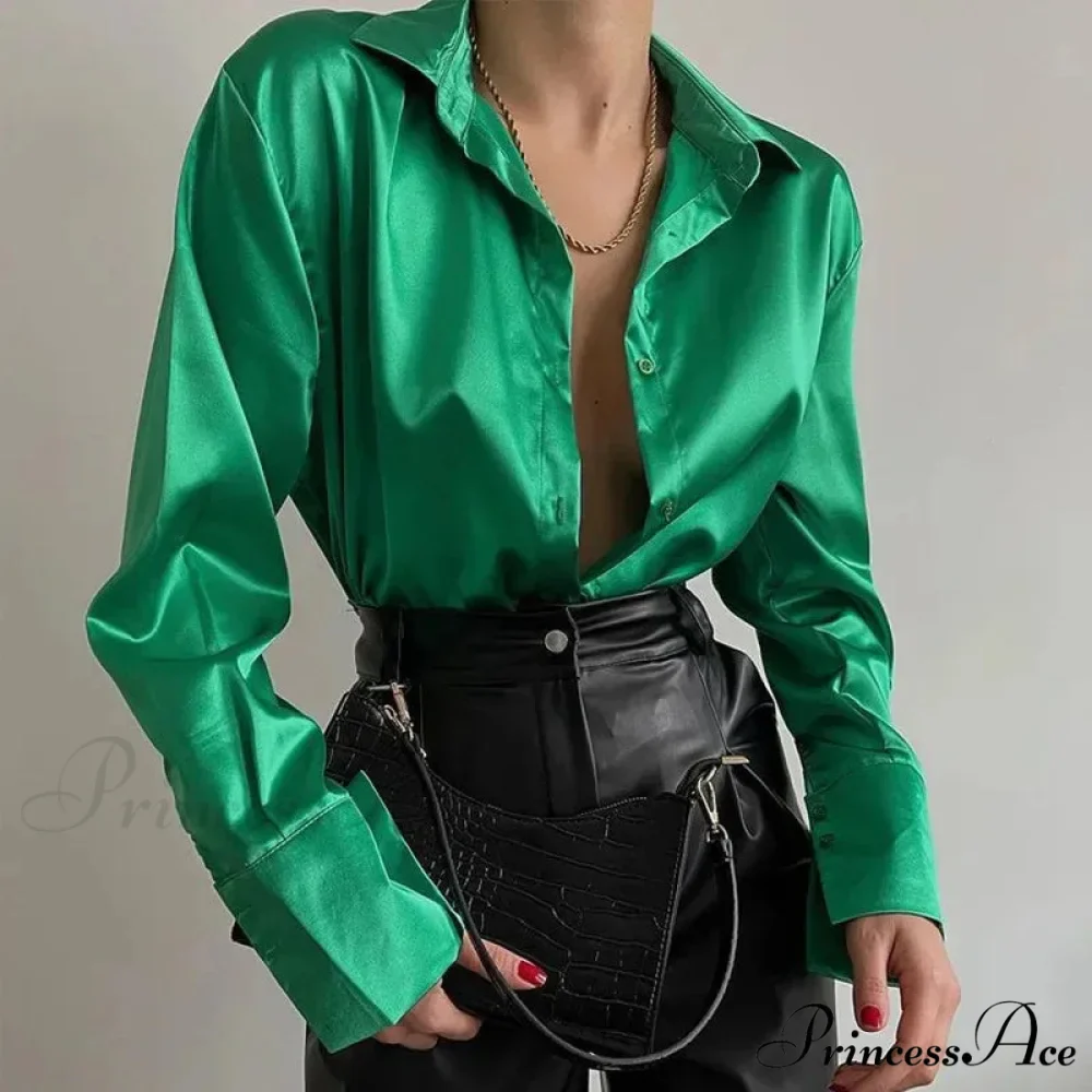 Smooth Long Sleeve Retro Aqua Emerald Silk Button Blouse - Image 2