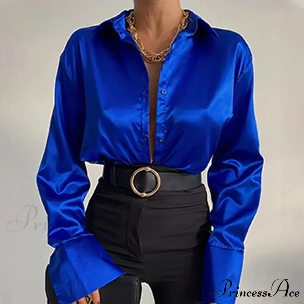 Smooth Long Sleeve Retro Azure Blouse - Image 3