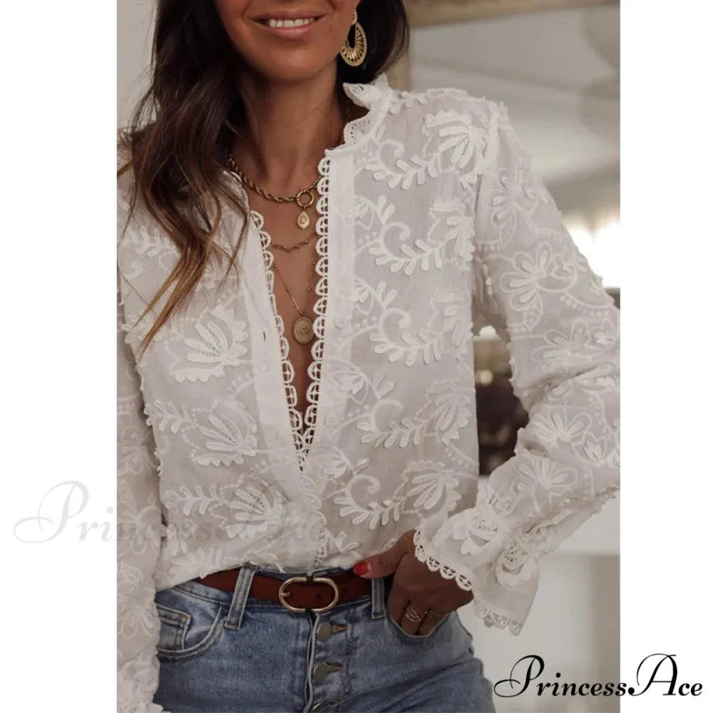 Soft Floral Stitching V-Neck Bohemian Top - Image 2