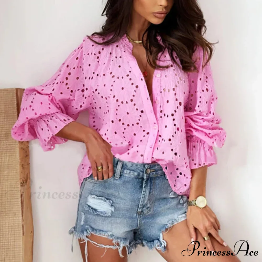 Soft Floral Stitching V-Neck Long Sleeve Boho Top - Image 4