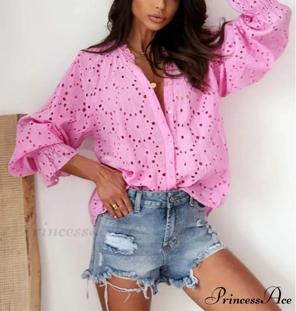 Soft Floral Stitching V-Neck Long Sleeve Boho Top - Image 5