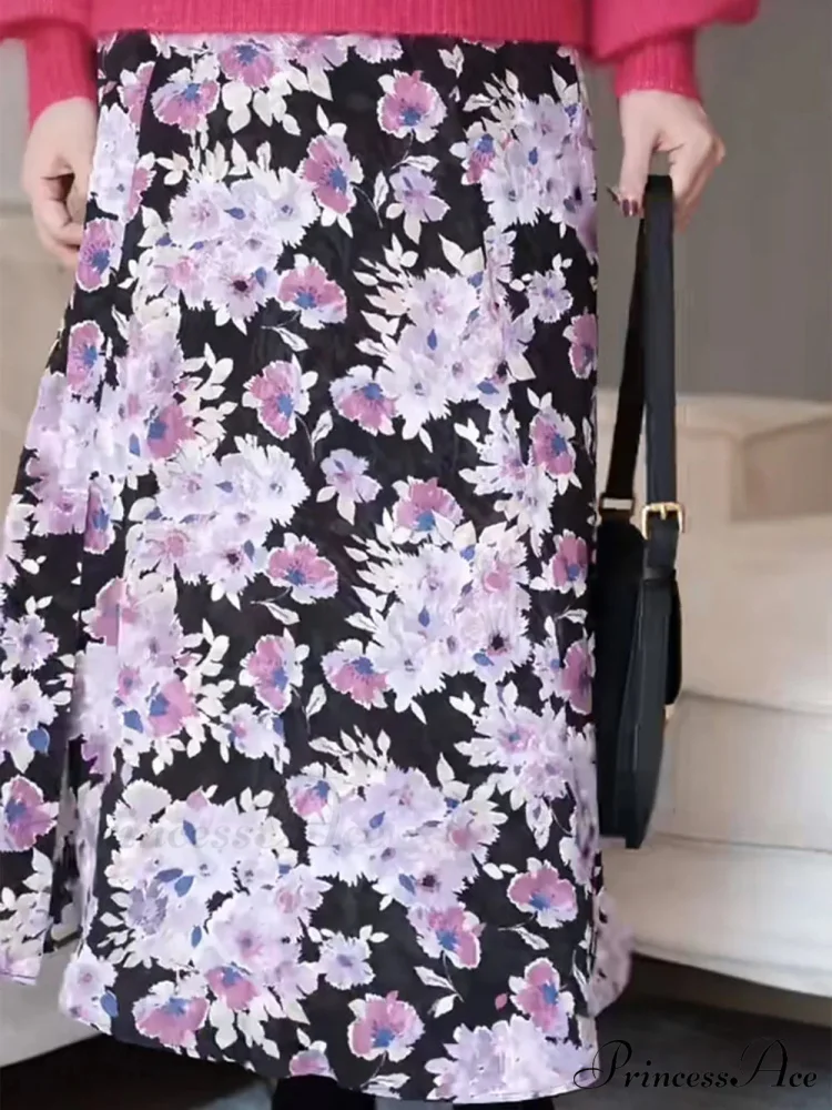 Soft Lavender Floral Midi Skirt Winter Woman Split Hem High Waist - Image 2