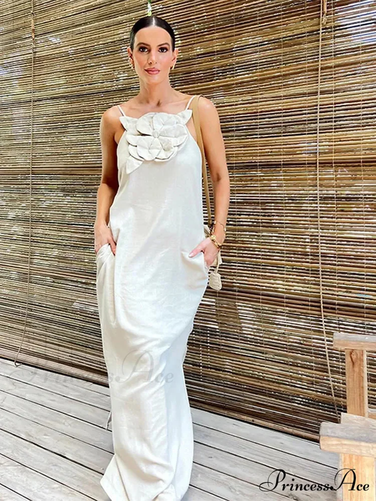 Soft Linen Separated 3D Blossom Plain Sling Maxi Dress - Image 4