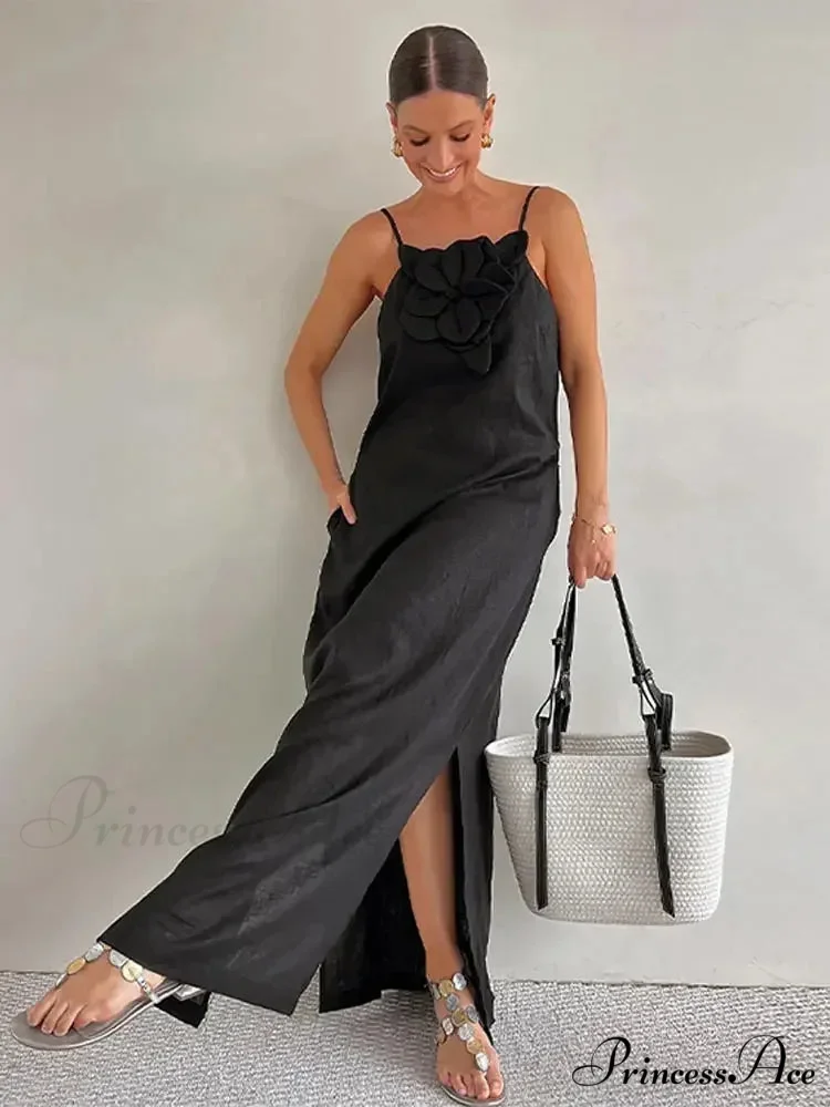 Soft Linen Separated 3D Blossom Plain Sling Maxi Dress - Image 5