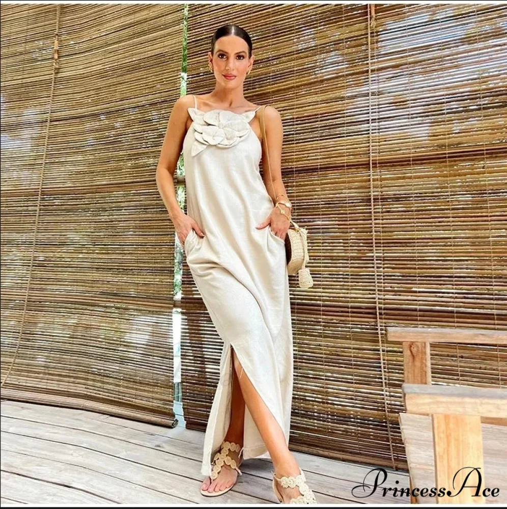 Soft Linen Separated 3D Blossom Plain Sling Maxi Dress - Image 7