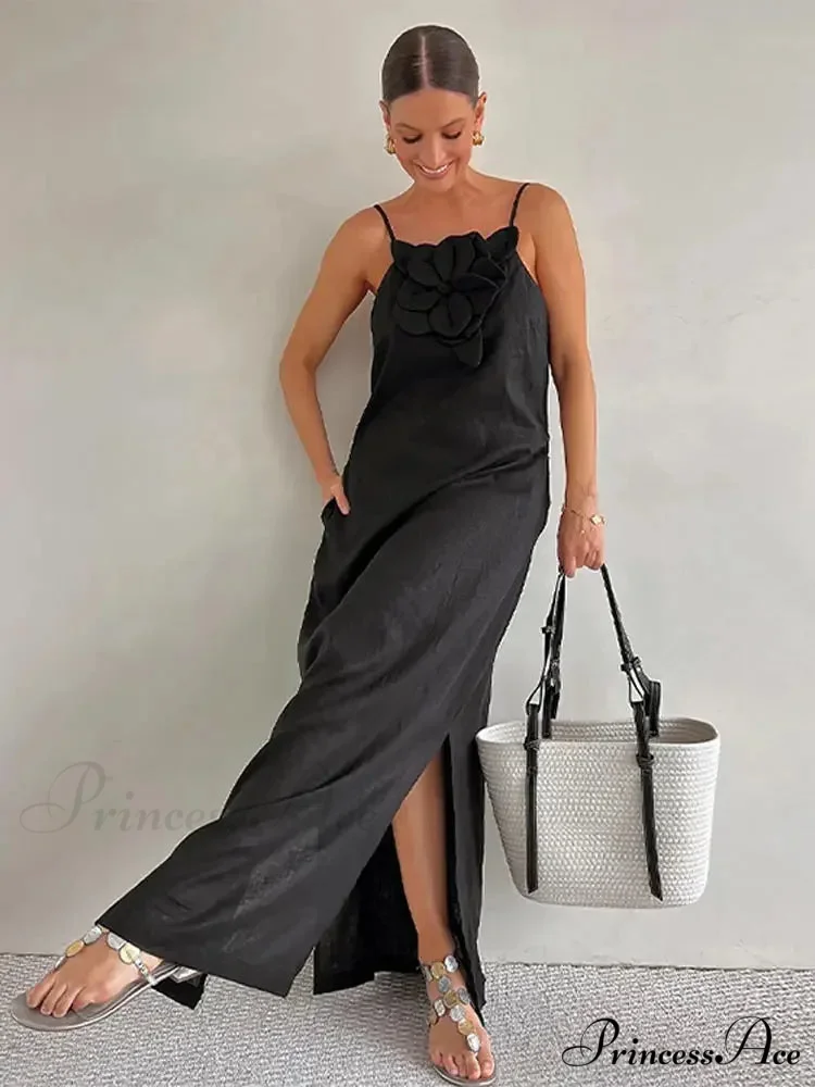 Soft Linen Separated 3D Blossom Plain Sling Maxi Dress - Image 8