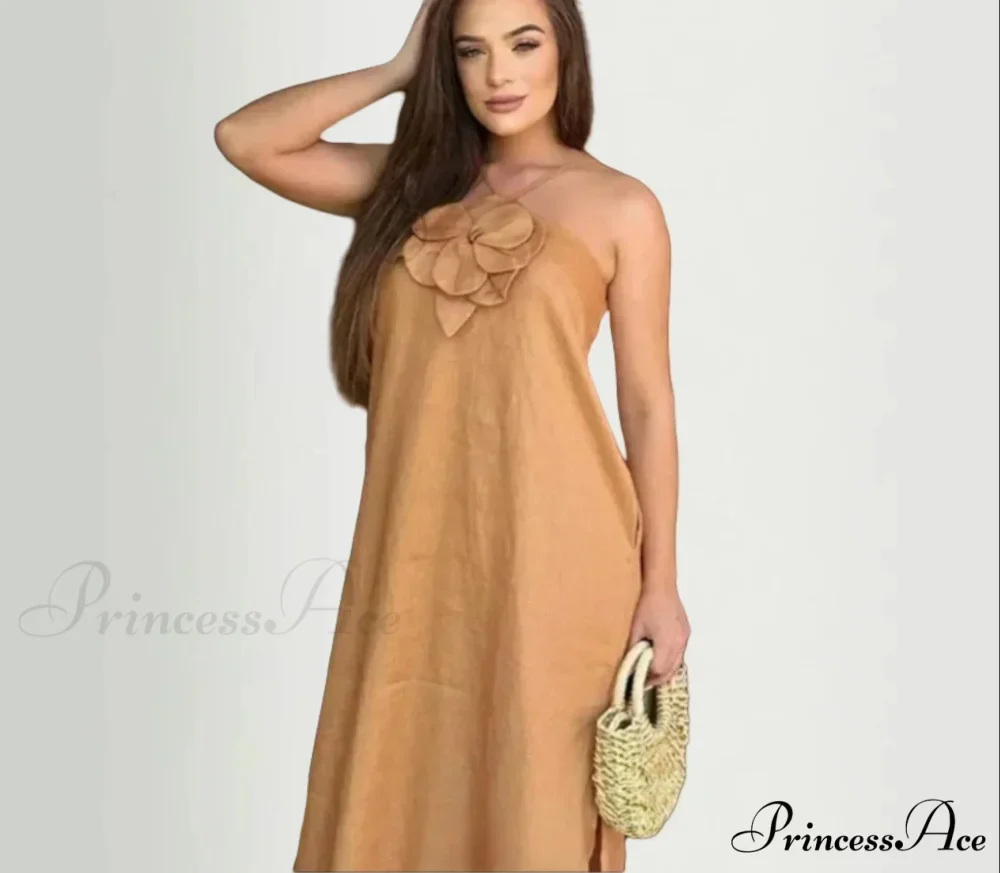 Soft Linen Separated 3D Blossom Plain Sling Maxi Dress - Image 9